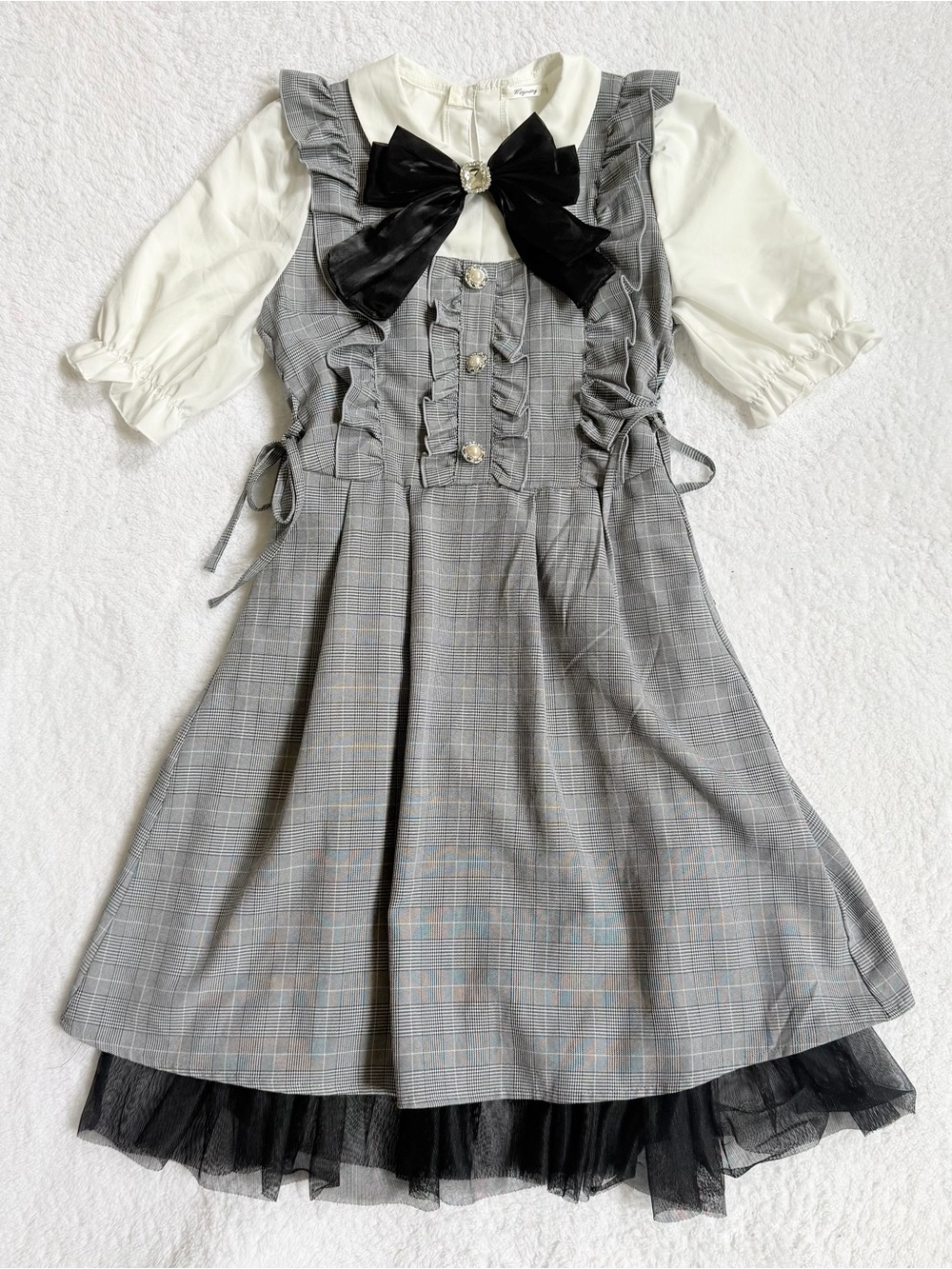 Jirai Kei Ryosan Lolita Bow Lace Japan Grey Black Dress Gothic Plaid Women M - Picture 1 of 5